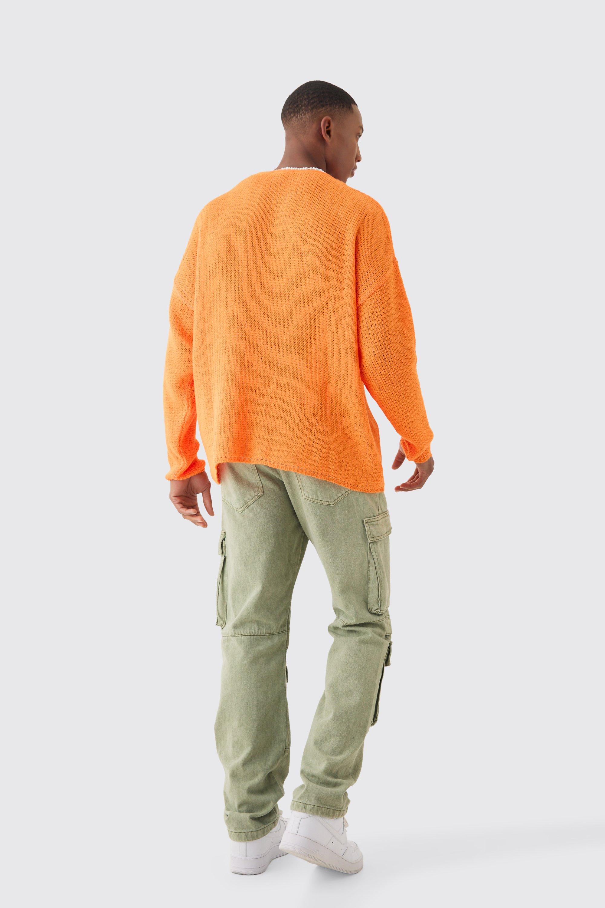 Oversized Boxy Jacquard Varsity Open Stitch Jumper In Orange