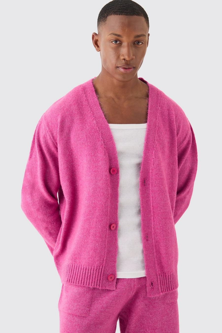 Cardigan squadrato in maglia spazzolata rosa scuro, Dark pink image number 1