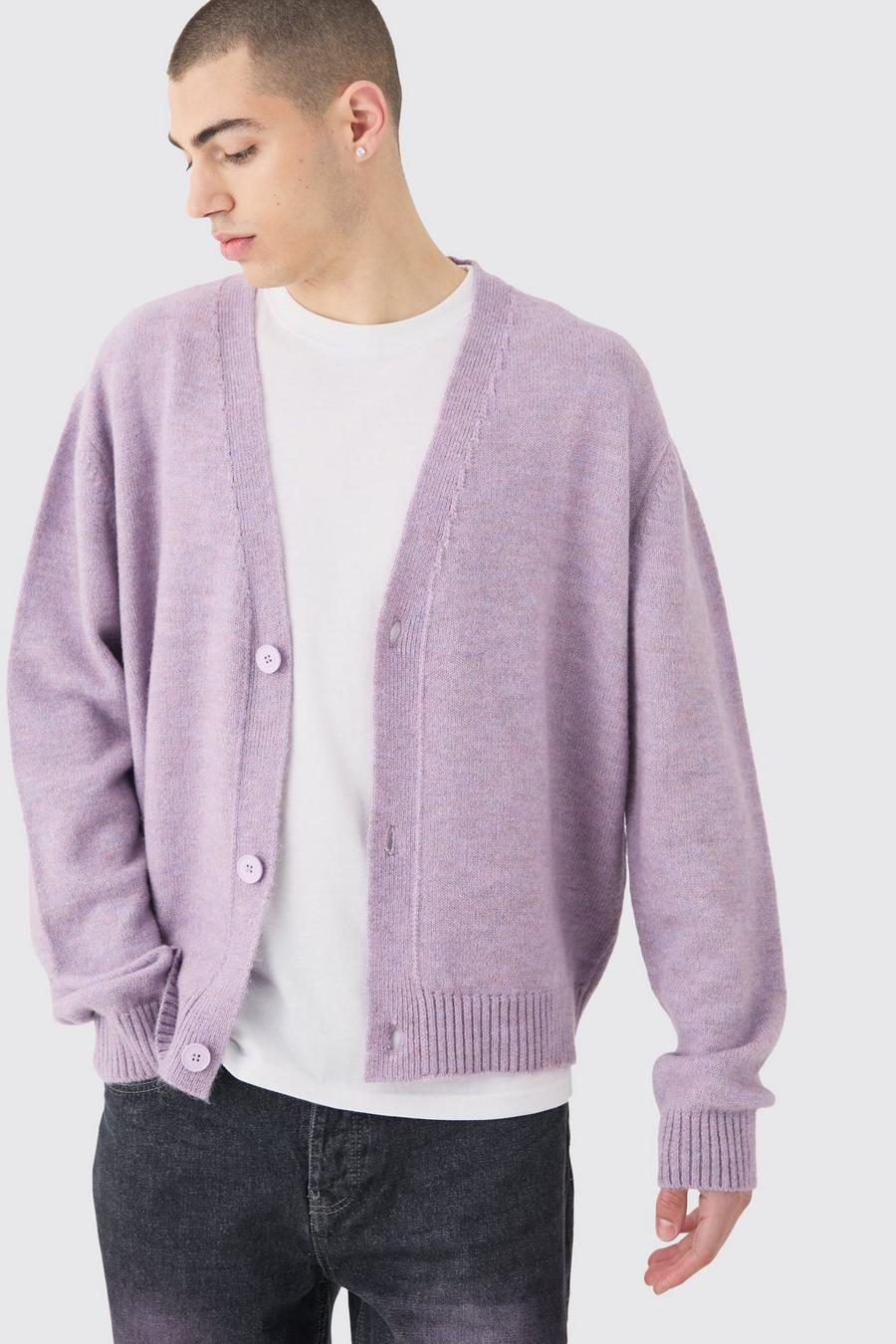 Cardigan squadrato in maglia spazzolata color lilla, Lilac