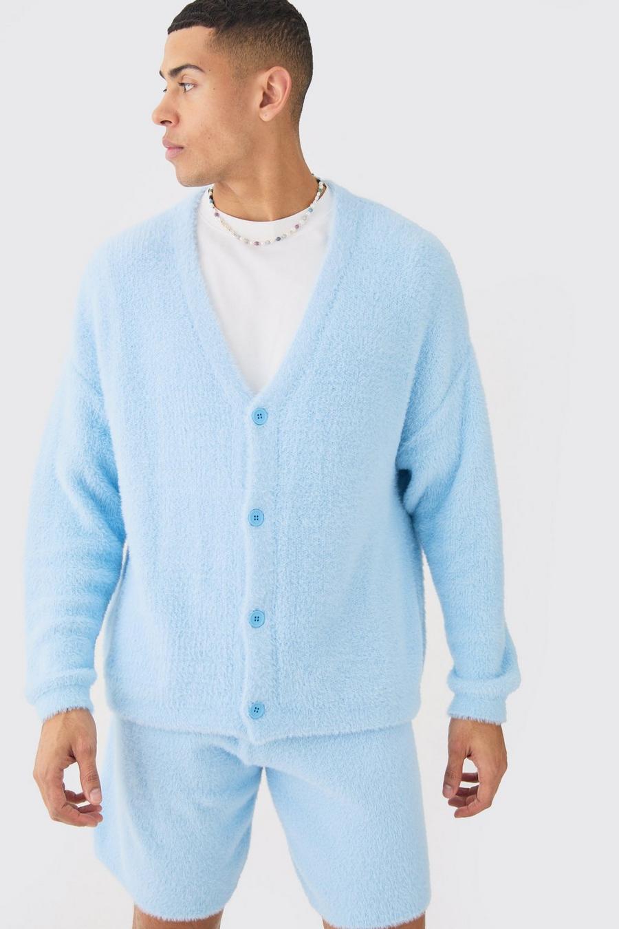 Fluffy Knit Cardigan In Light Blue image number 1