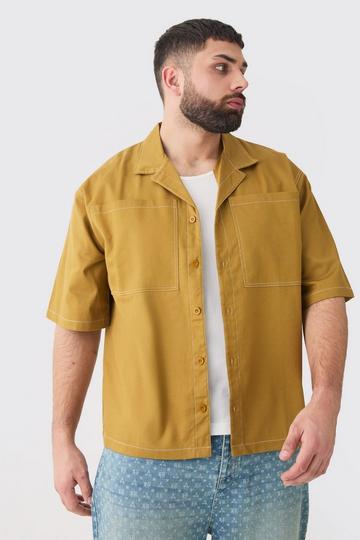 Brown Plus Twill Drop Revere Contrast Stitch Shirt