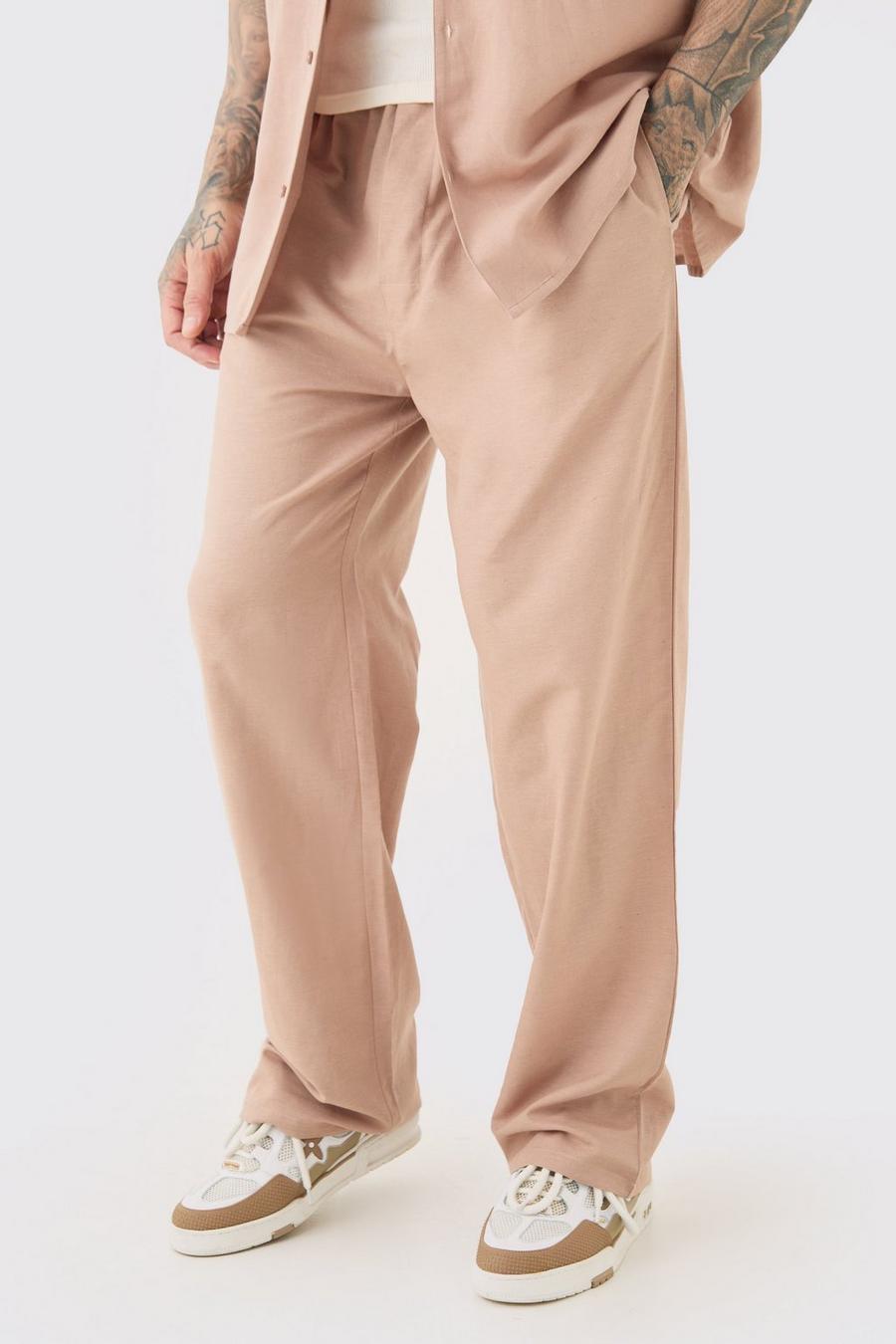 Pantalón Tall holgado de lino con cintura elástica en color topo, Taupe