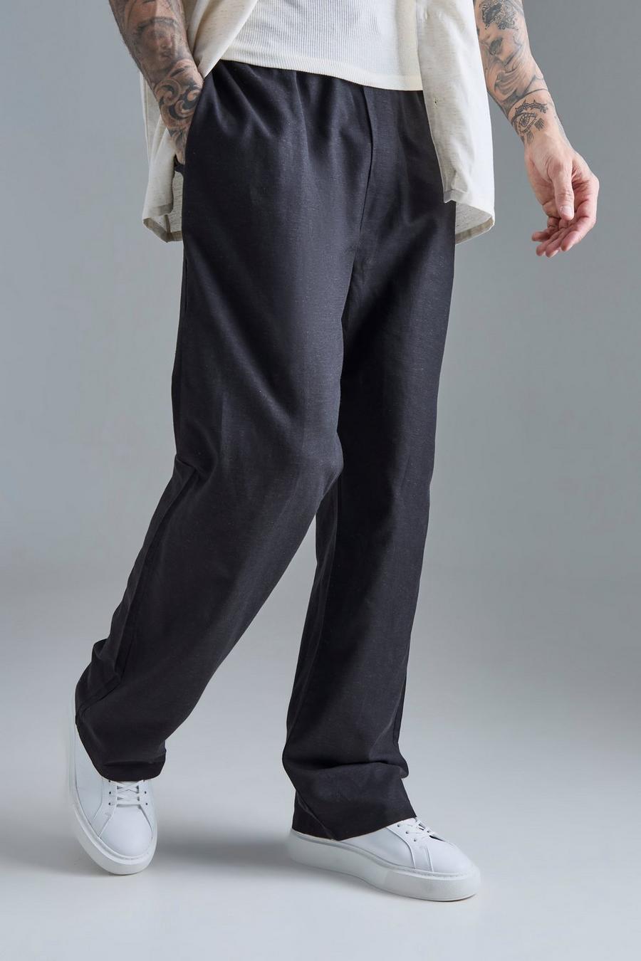 Pantalón Tall holgado de lino negro con cintura elástica, Black image number 1