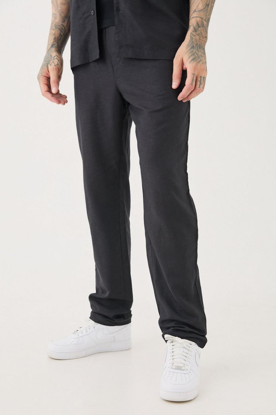 Pantalón Tall de lino ajustado con cintura elástica en negro, Black image number 1