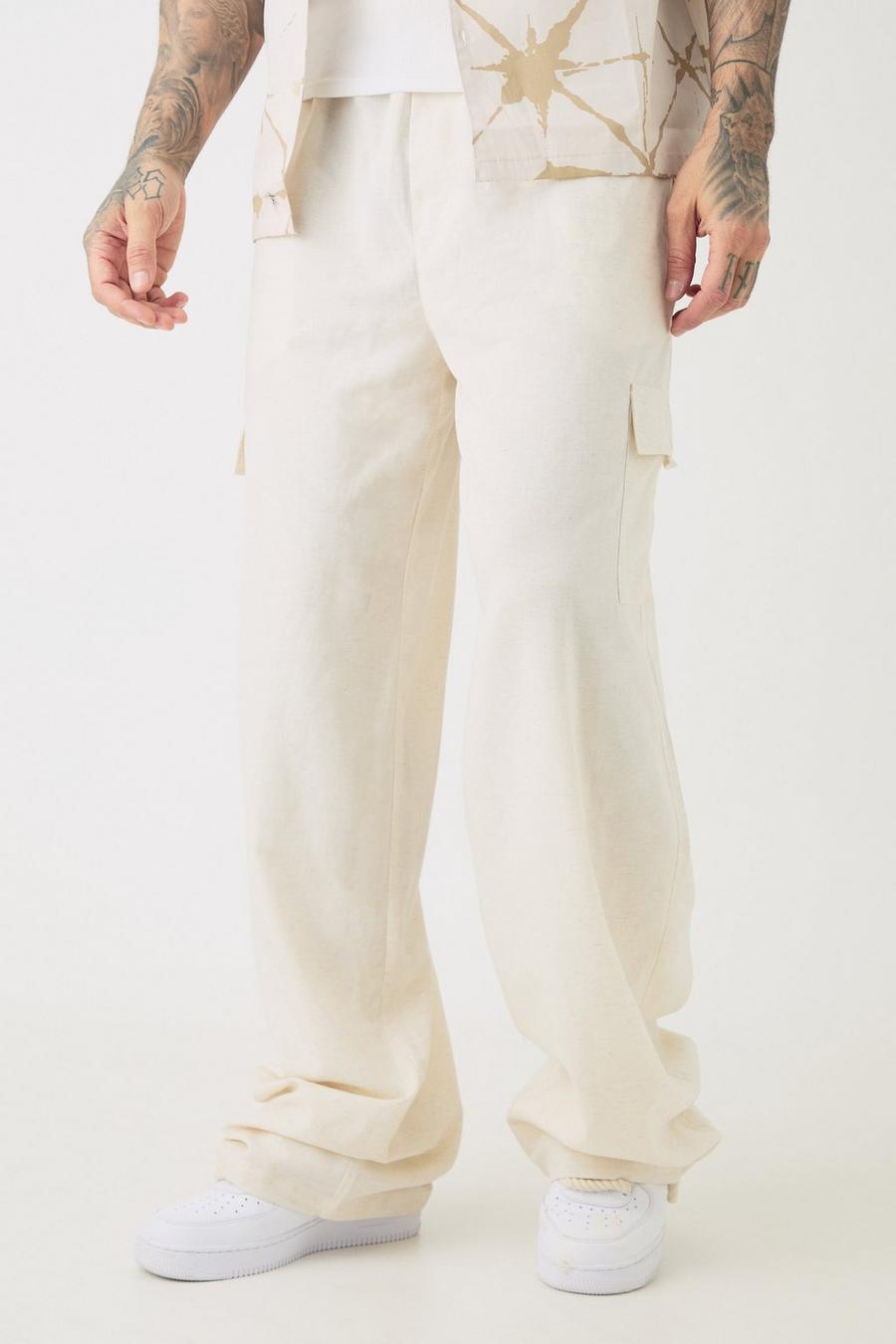 Tall Elasticated Waist Oversized Linen Cargo Trouser In Natural image number 1