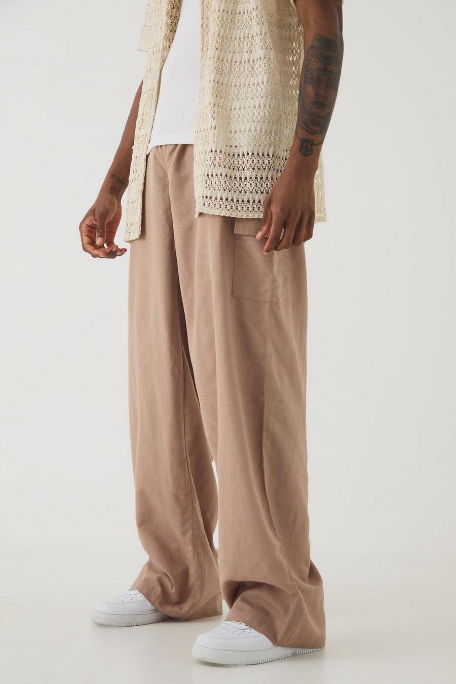 Tall Elasticated Waist Oversized Linen Cargo Trouser In Taupe image number 1