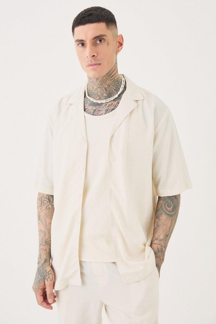 Tall Linen Drop Revere Shirt In Natural image number 1