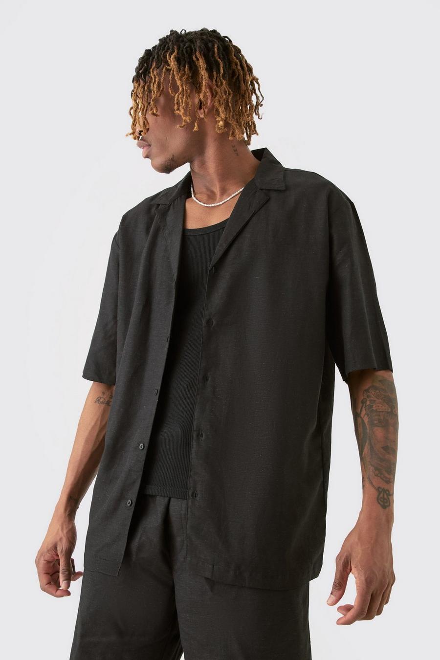 Tall Linen Drop Revere Shirt In Black image number 1