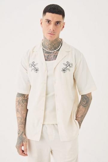 Tall Linen Embroidered Drop Revere Shirt In Natural natural