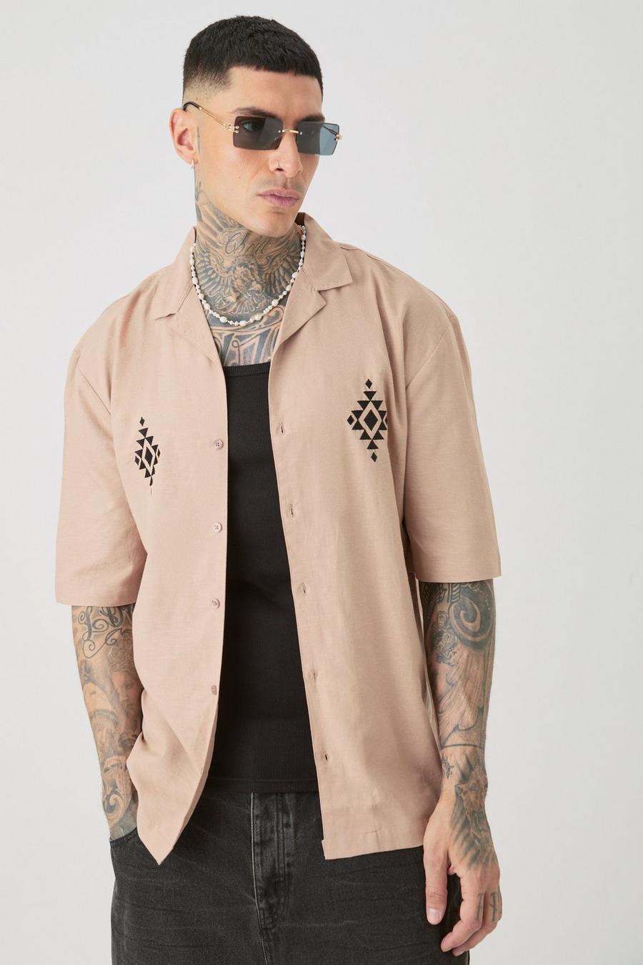 Tall Linen Embroidered Drop Revere Shirt In Taupe image number 1