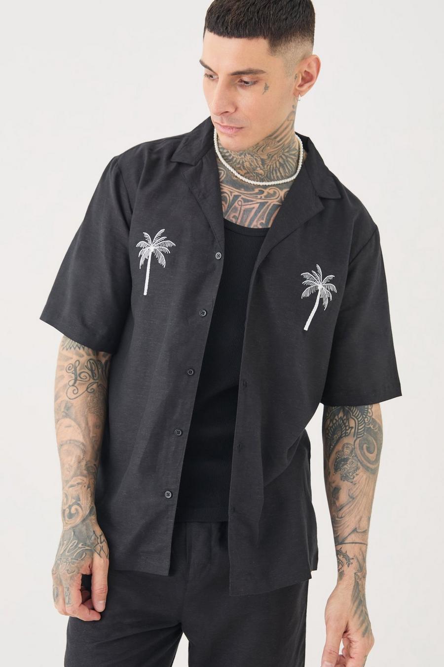 Tall Linen Embroidered Drop Revere Shirt In Black