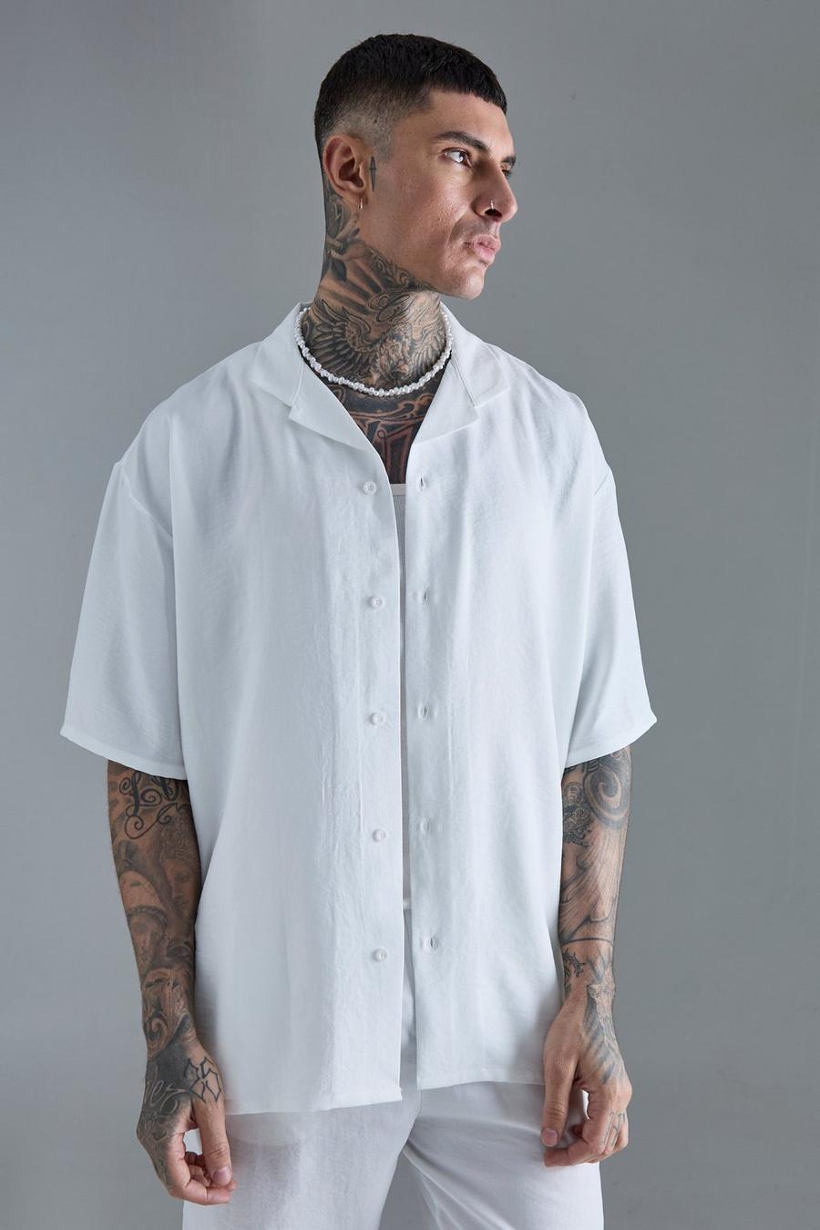 White Tall Oversized Linnen Overhemd Met Revers Kraag In Wit image number 1