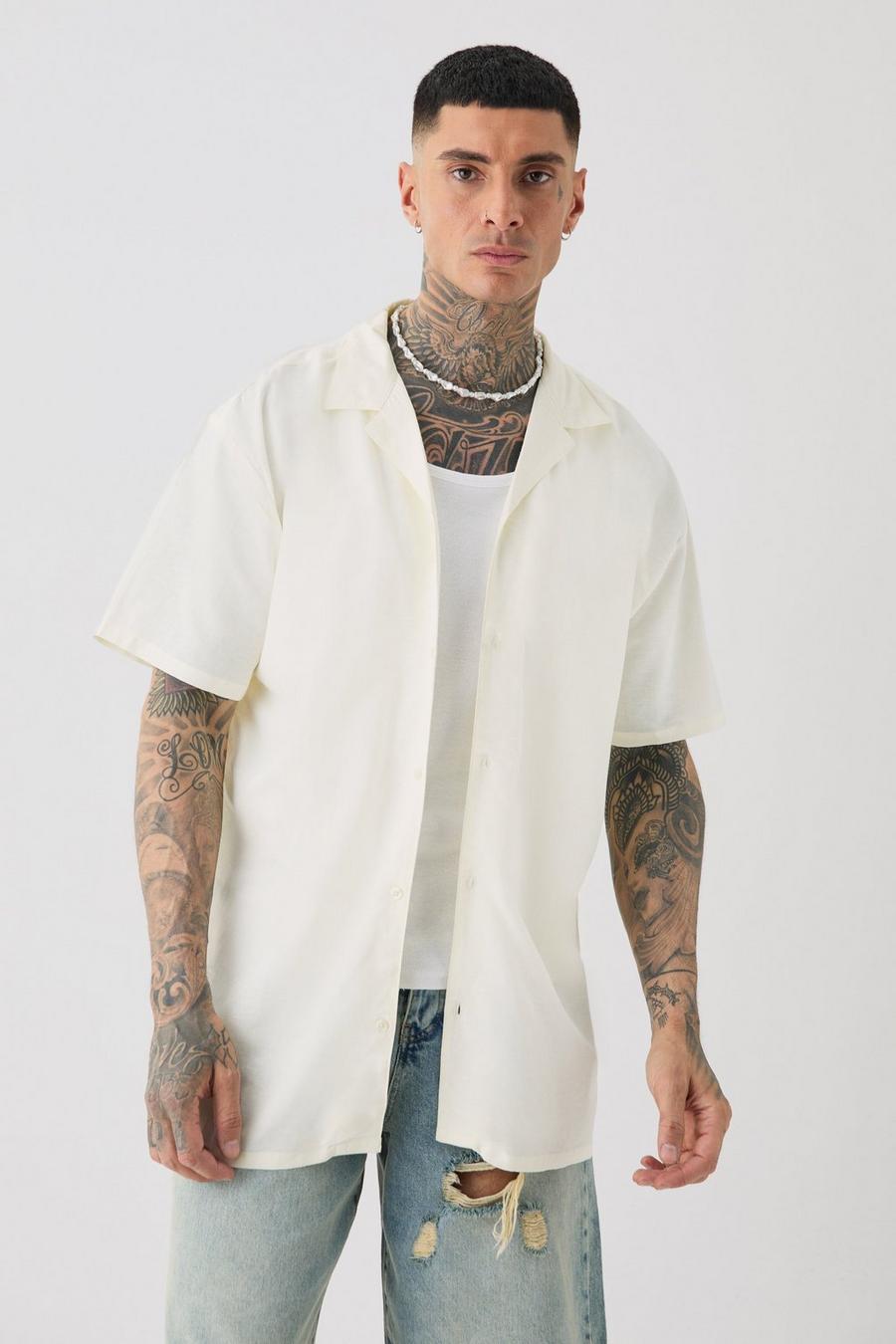Camisa Tall oversize de lino con solapas en color crudo, Ecru