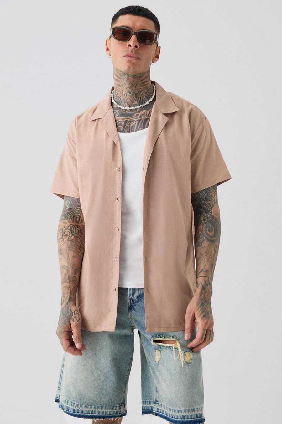 Tall Linen Oversized Revere Shirt In Taupe image number 1
