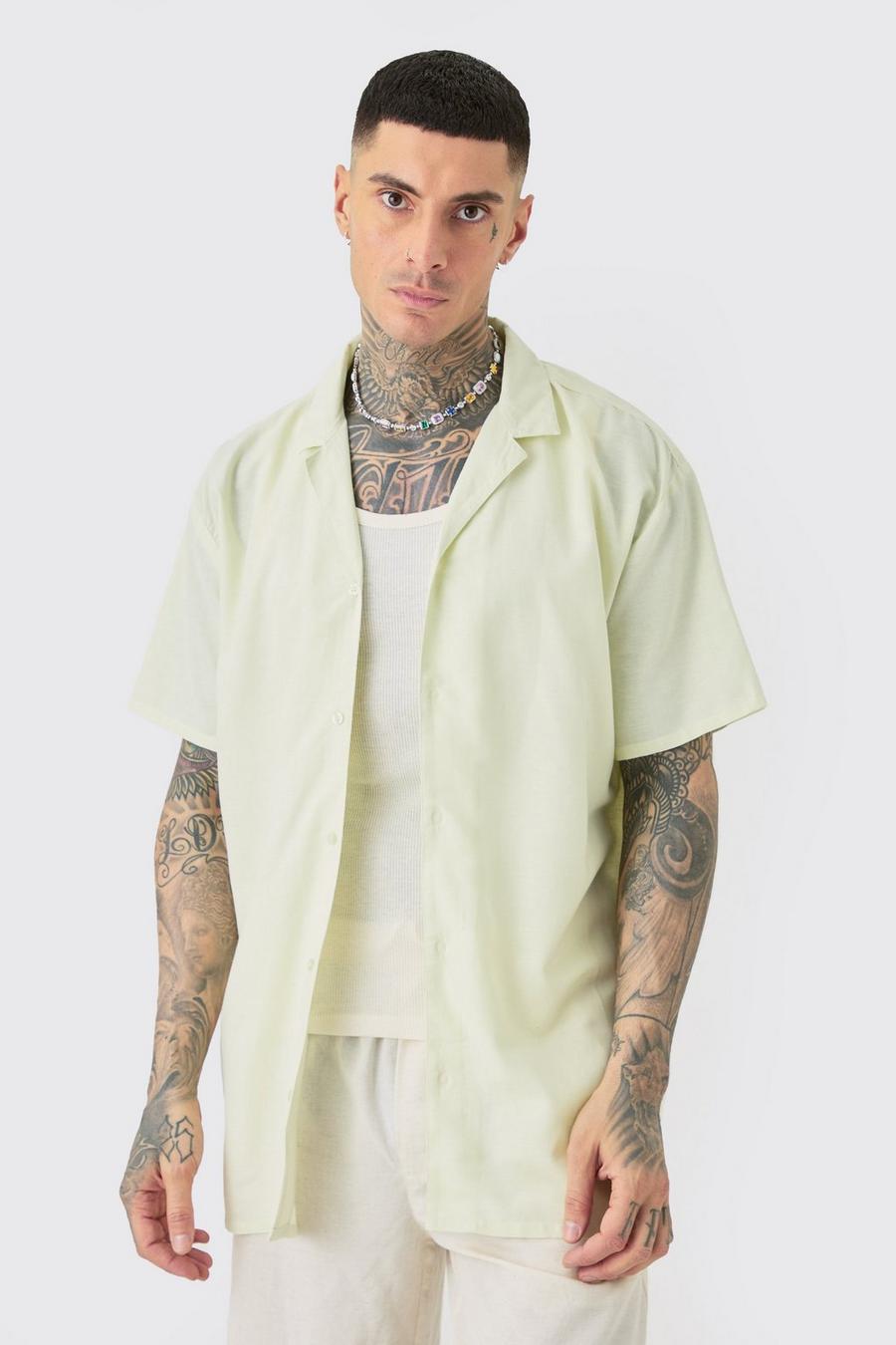 Camicia Tall oversize in lino verde con rever, Green image number 1