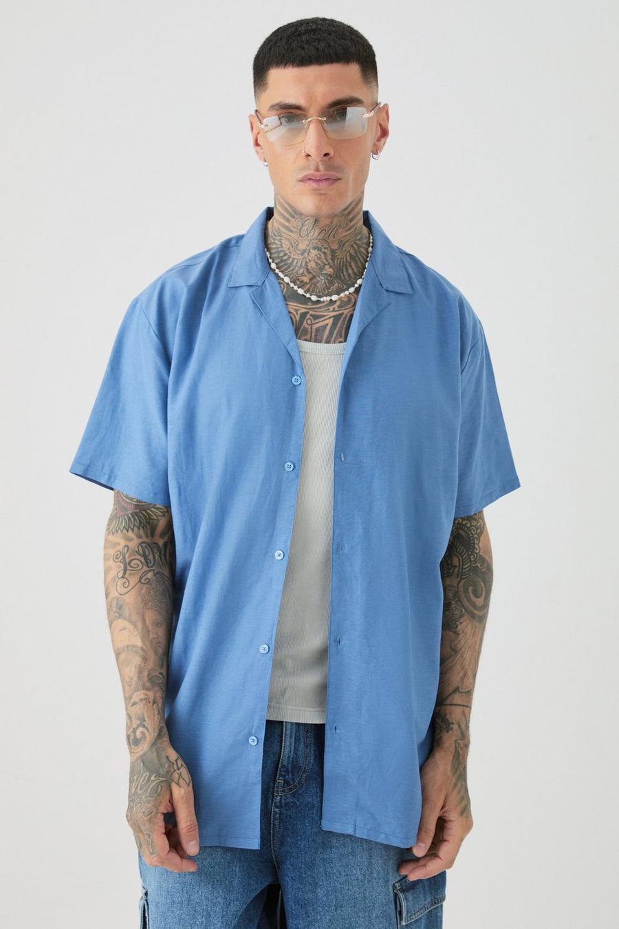Tall Linen Oversized Revere Shirt In Blue