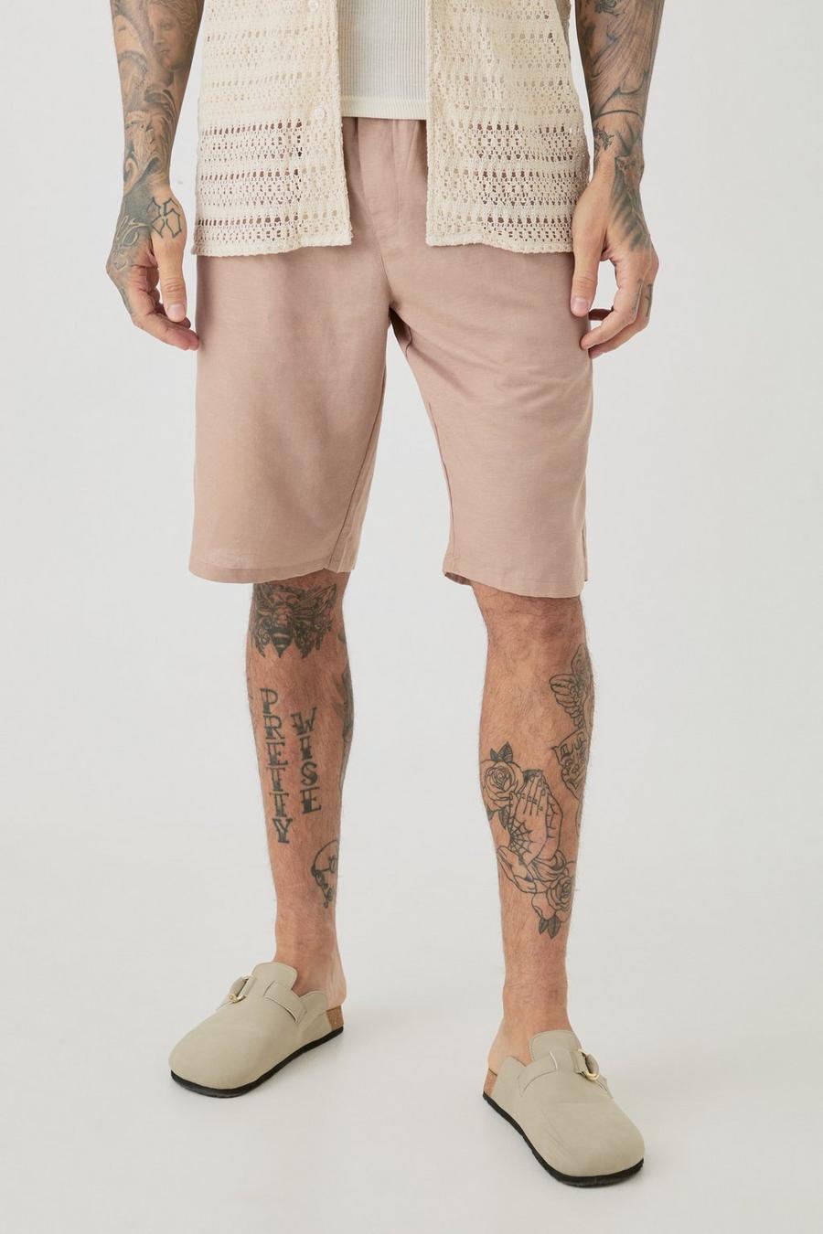 Pantalones cortos Tall cómodos de lino con cintura elástica en color topo, Taupe image number 1