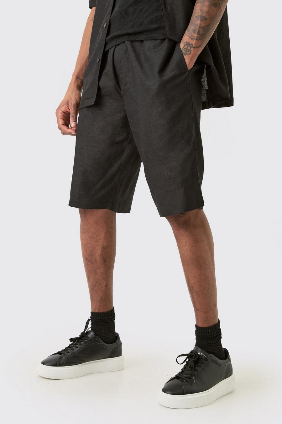 Tall schwarze Leinen-Shorts mit elastischem Bund, Black