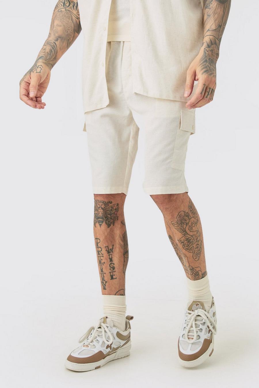 Tall Elasticated Waist Relaxed Linen Cargo Shorts In Natural image number 1
