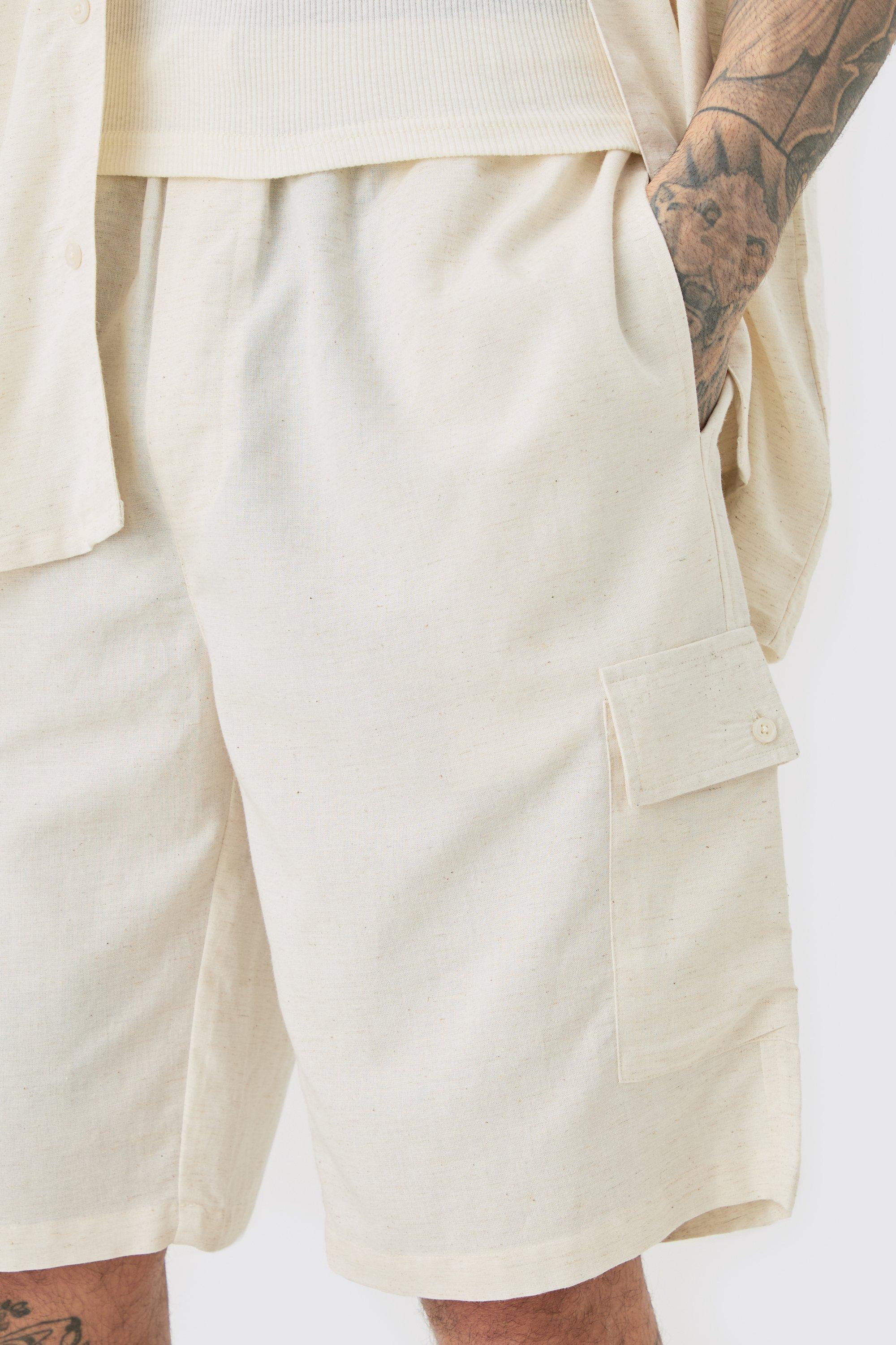 Tall Elasticated Waist Relaxed Linen Cargo Shorts In Natural