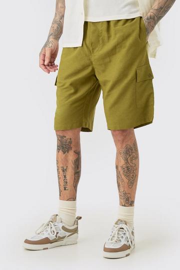 Tall Elasticated Waist Relaxed Linen Cargo Shorts In Khaki khaki