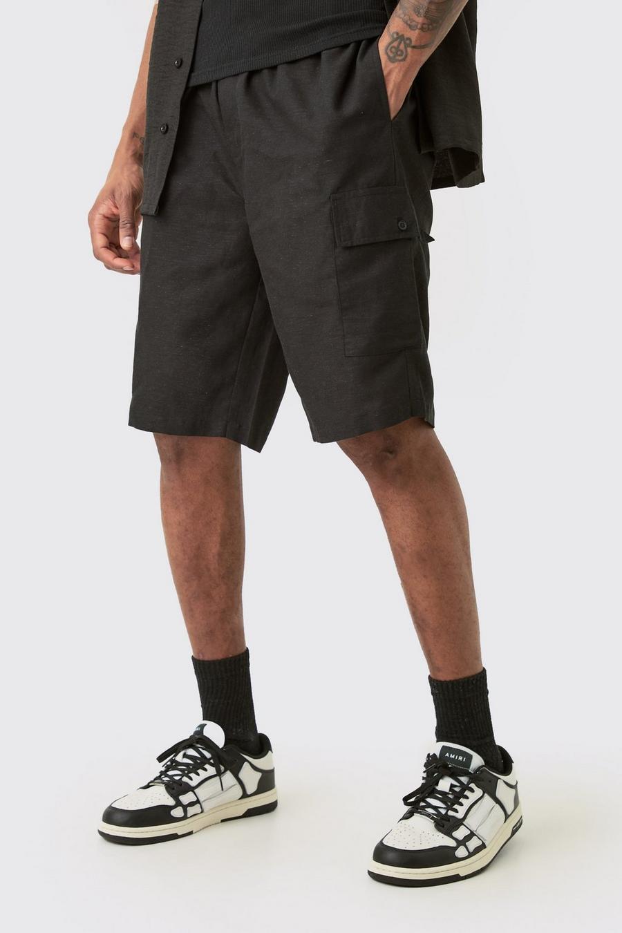 Tall Elasticated Waist Relaxed Linen Cargo Shorts In Black