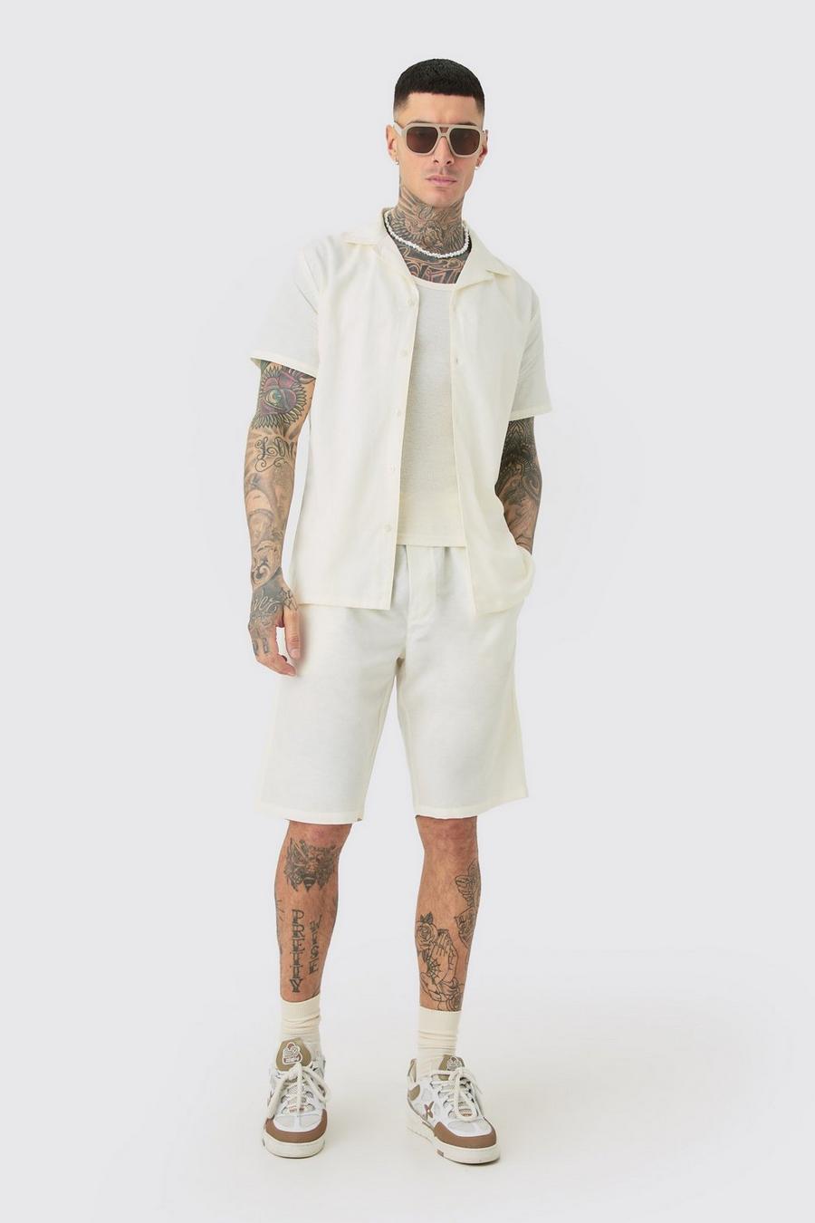 Conjunto Tall de pantalón corto y camisa de lino con solapas en color crudo, Ecru image number 1