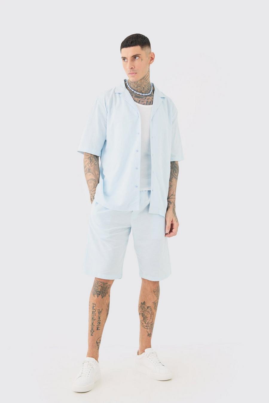 Tall Drop Revere Linen Shirt & Short Set In Light Blue image number 1