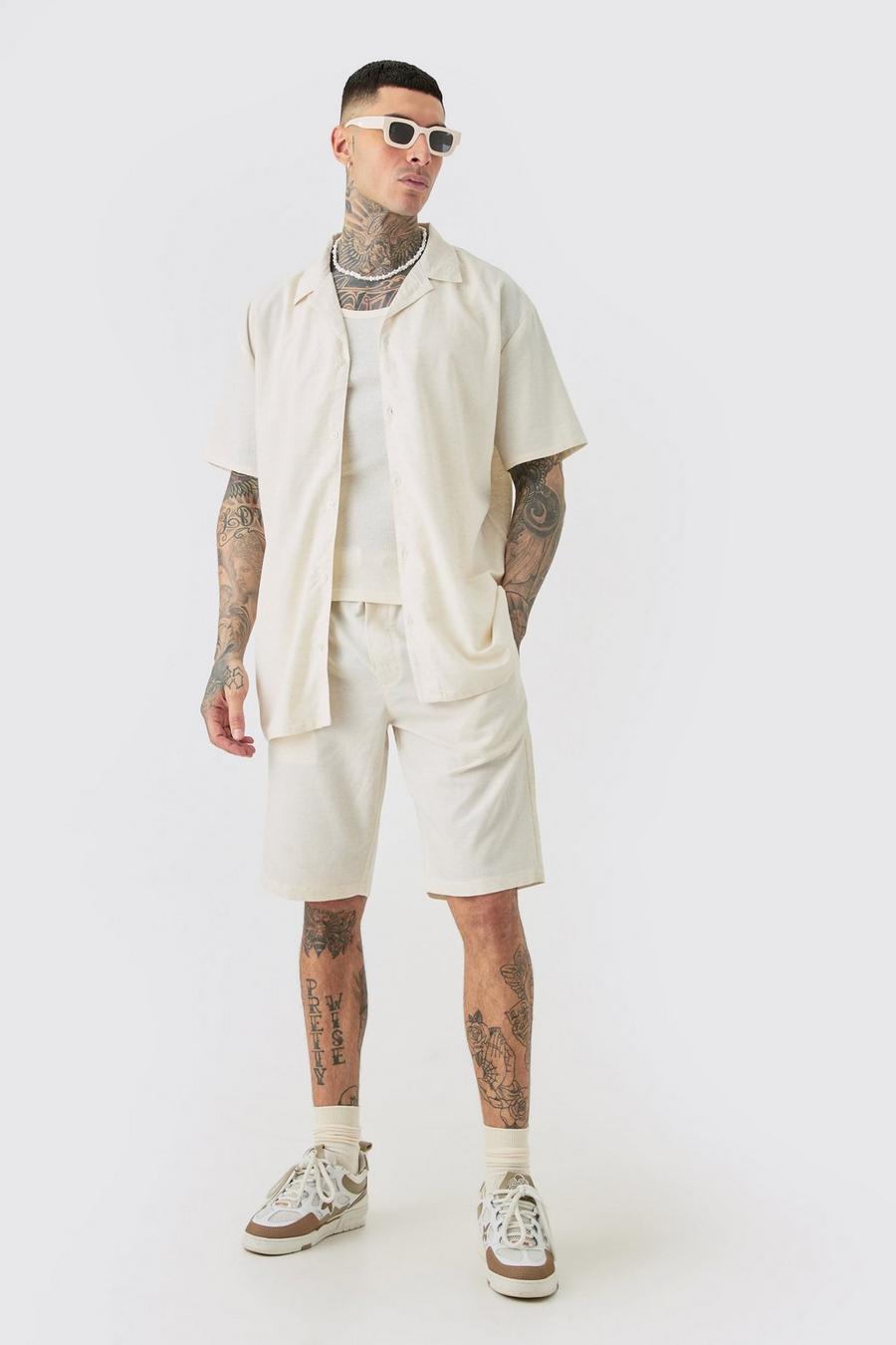 Tall Oversized Linen Drop Revere Shirt & Short Set In Natural