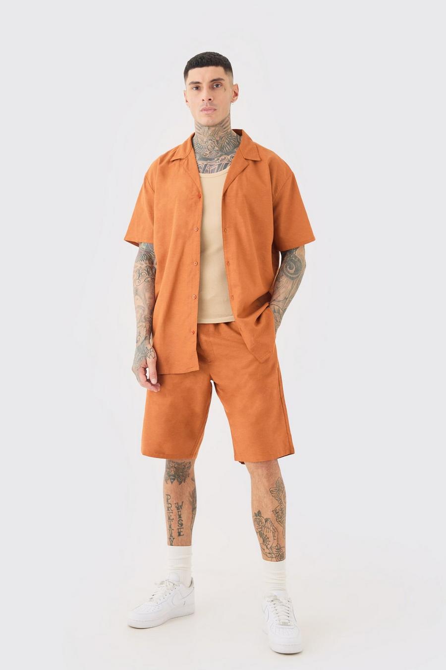 Brown Tall Oversize skjorta med bowlingkrage och shorts i linnetyg image number 1