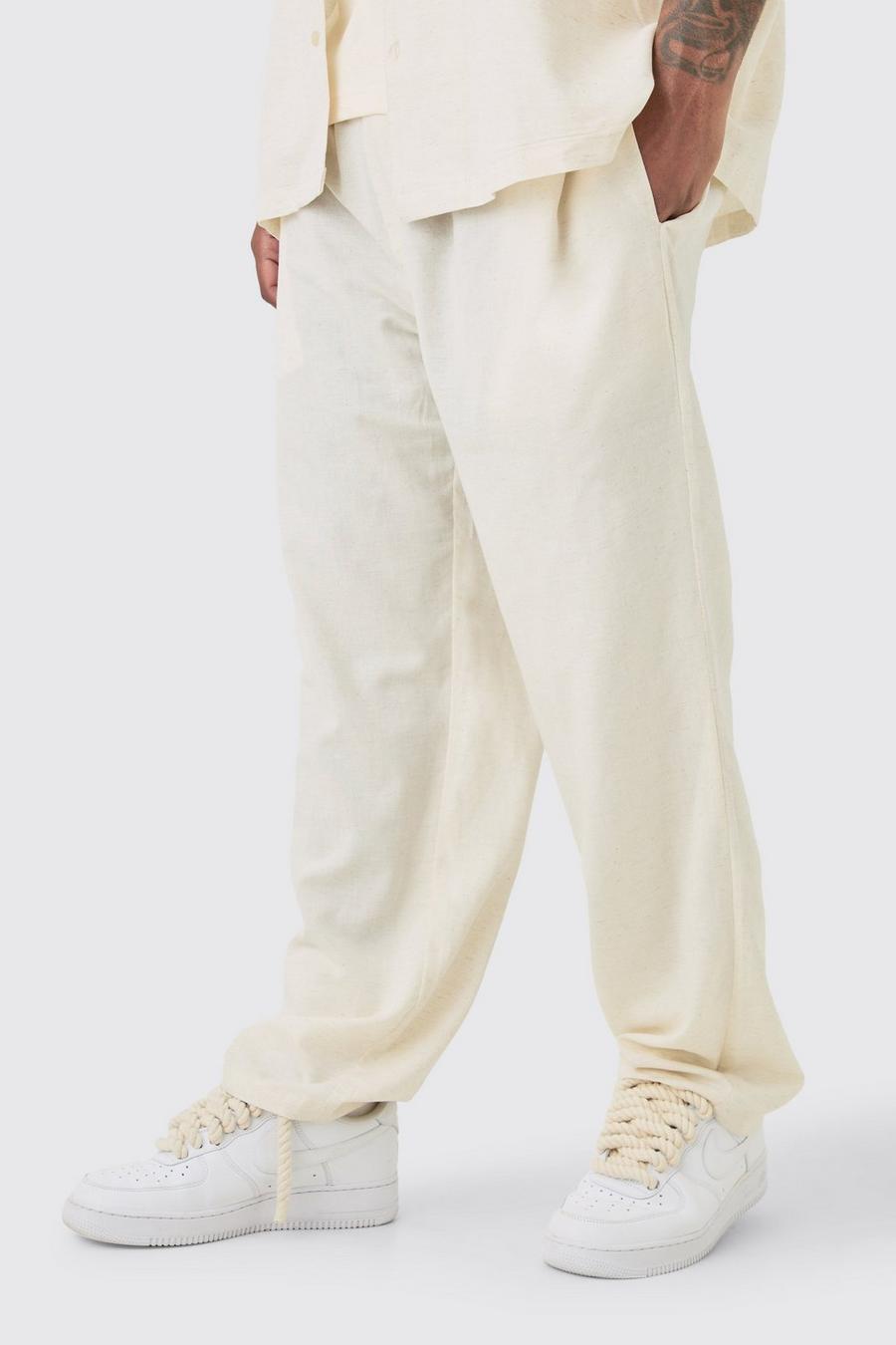 Pantalón Plus holgado de lino con cintura elástica en color natural