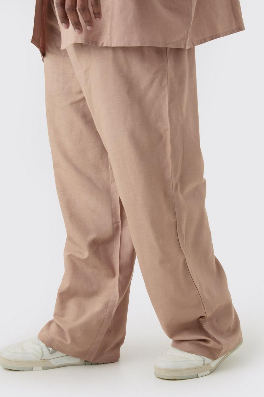 Pantalón Plus holgado de lino color topo con cintura elástica, Taupe