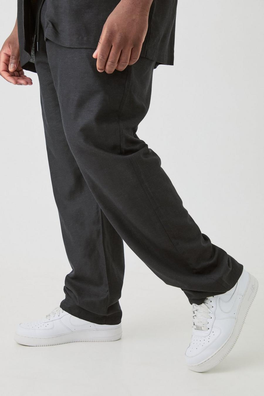 Pantaloni neri Plus Size rilassati in lino elasticizzati in vita, Black