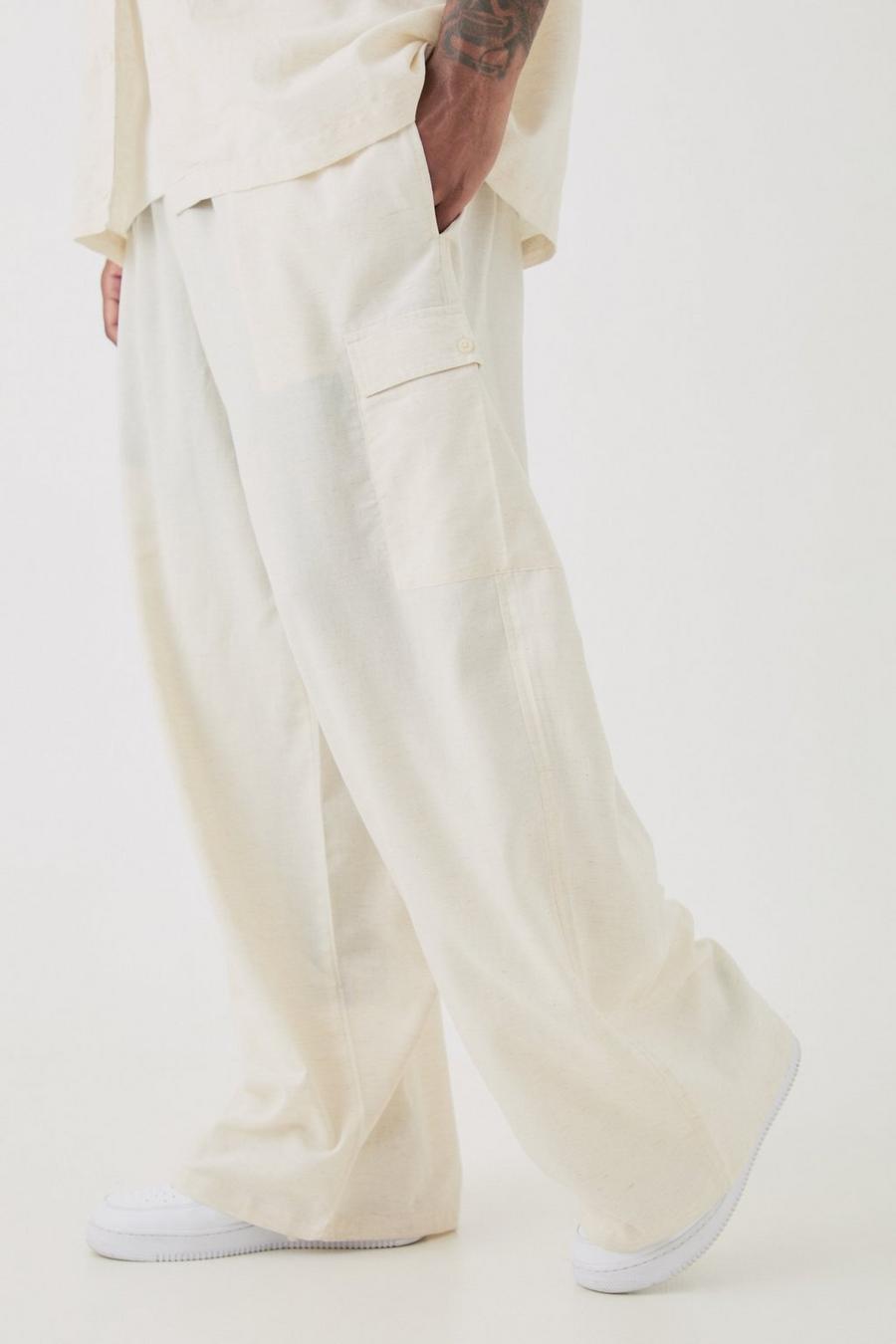 Pantalón Plus cargo oversize de lino natural con cintura elástica image number 1