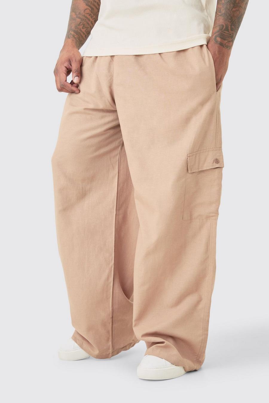 Pantalón Plus oversize cargo de lino con cintura elástica en color topo, Taupe