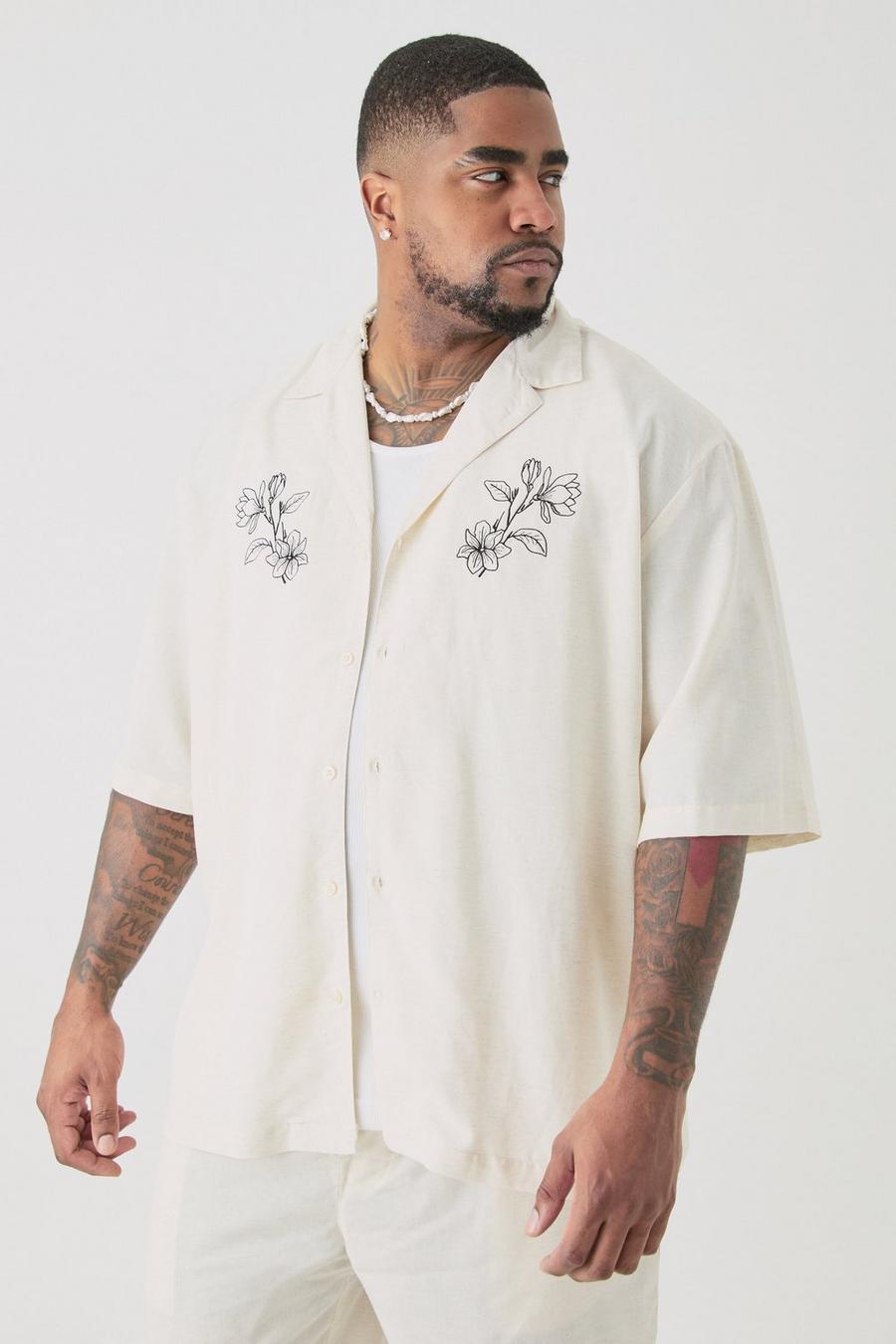 Plus Linen Embroidered Drop Revere Shirt In Natural