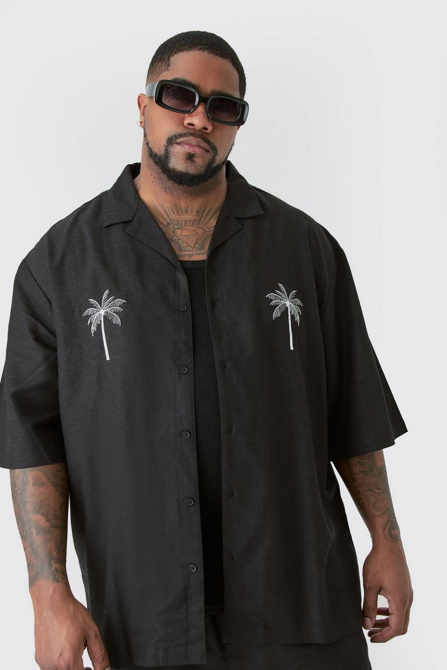 Plus Linen Embroidered Drop Revere Shirt In Black