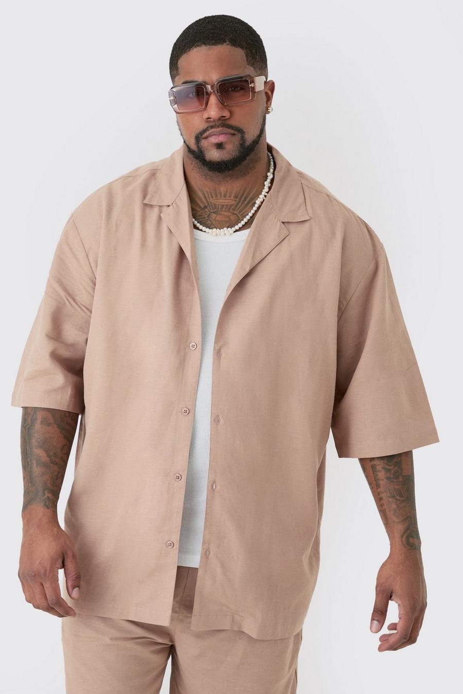 Taupe Plus Oversize skjorta i linnetyg med bowlingkrage