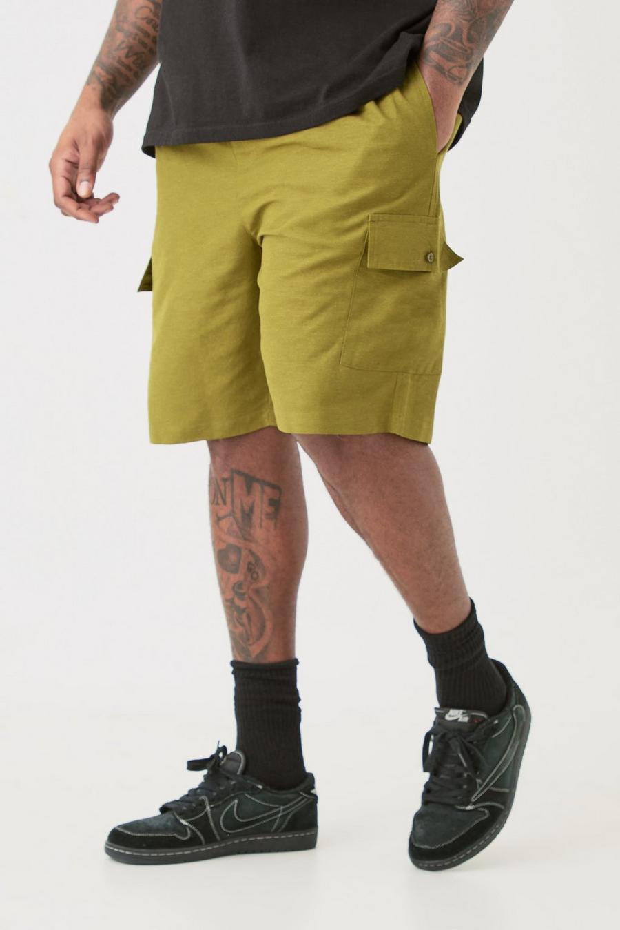 Plus Elasticated Waist Relaxed Linen Cargo Shorts In Khaki image number 1