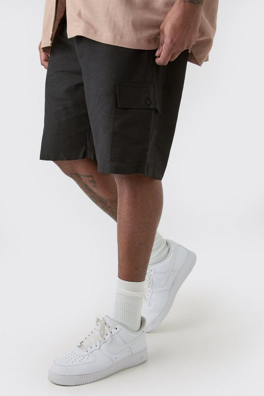 Plus Elasticated Waist Relaxed Linen Cargo Shorts In Black