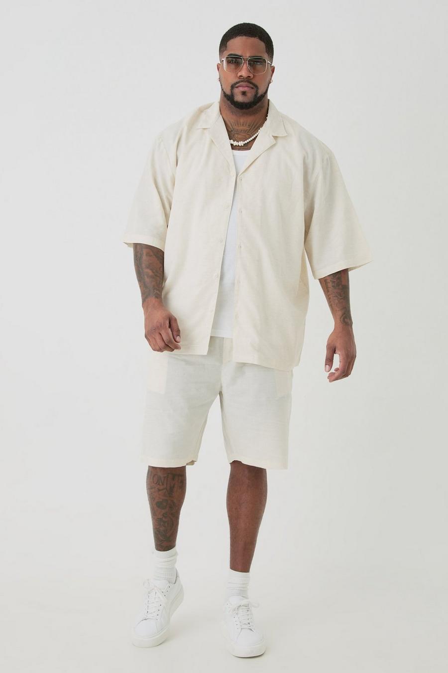 Ecru Plus Linneskjorta med bowlingkrage och shorts i naturfärgat material