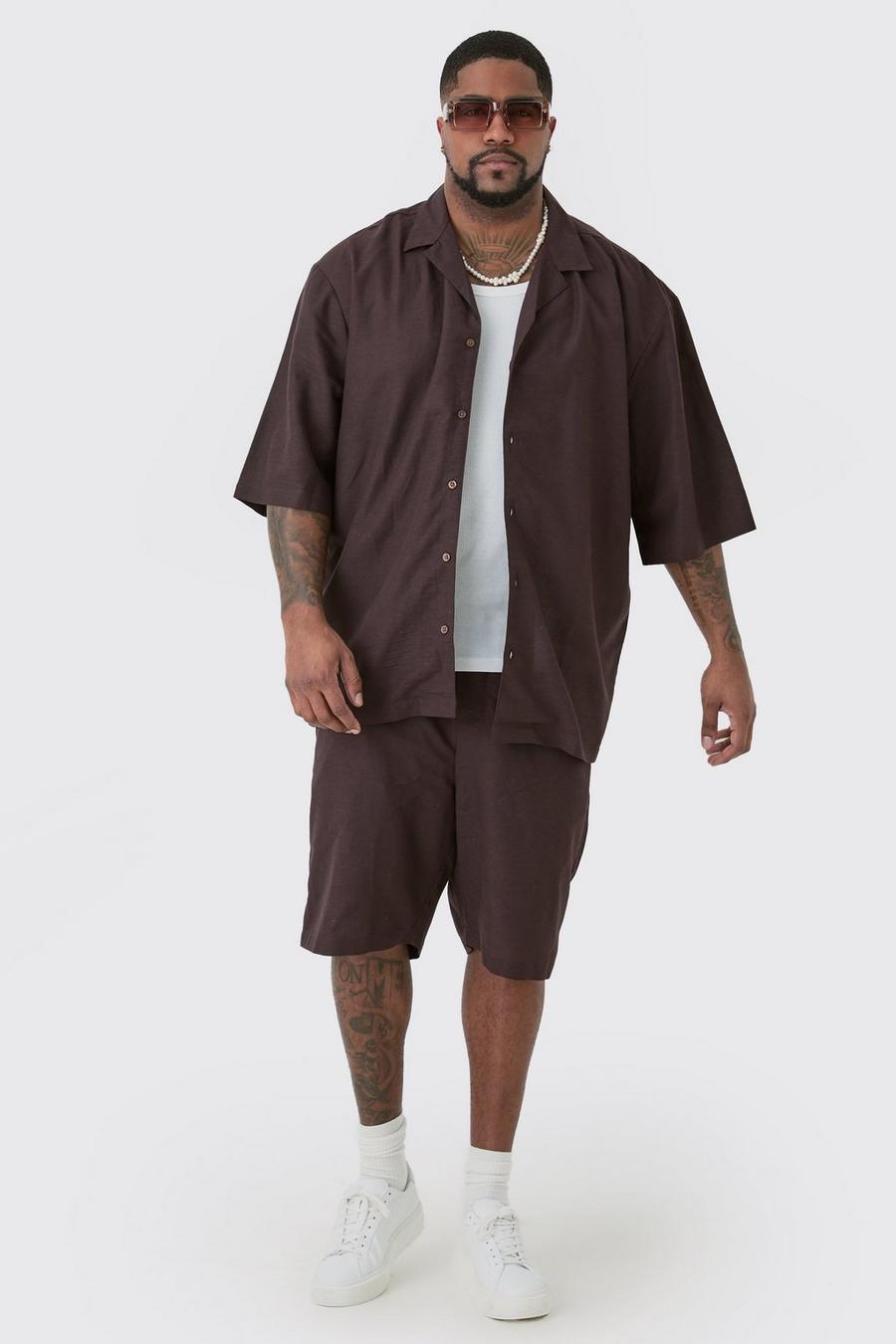 Chocolate Plus Linneskjorta med bowlingkrage och shorts i chokladstil image number 1