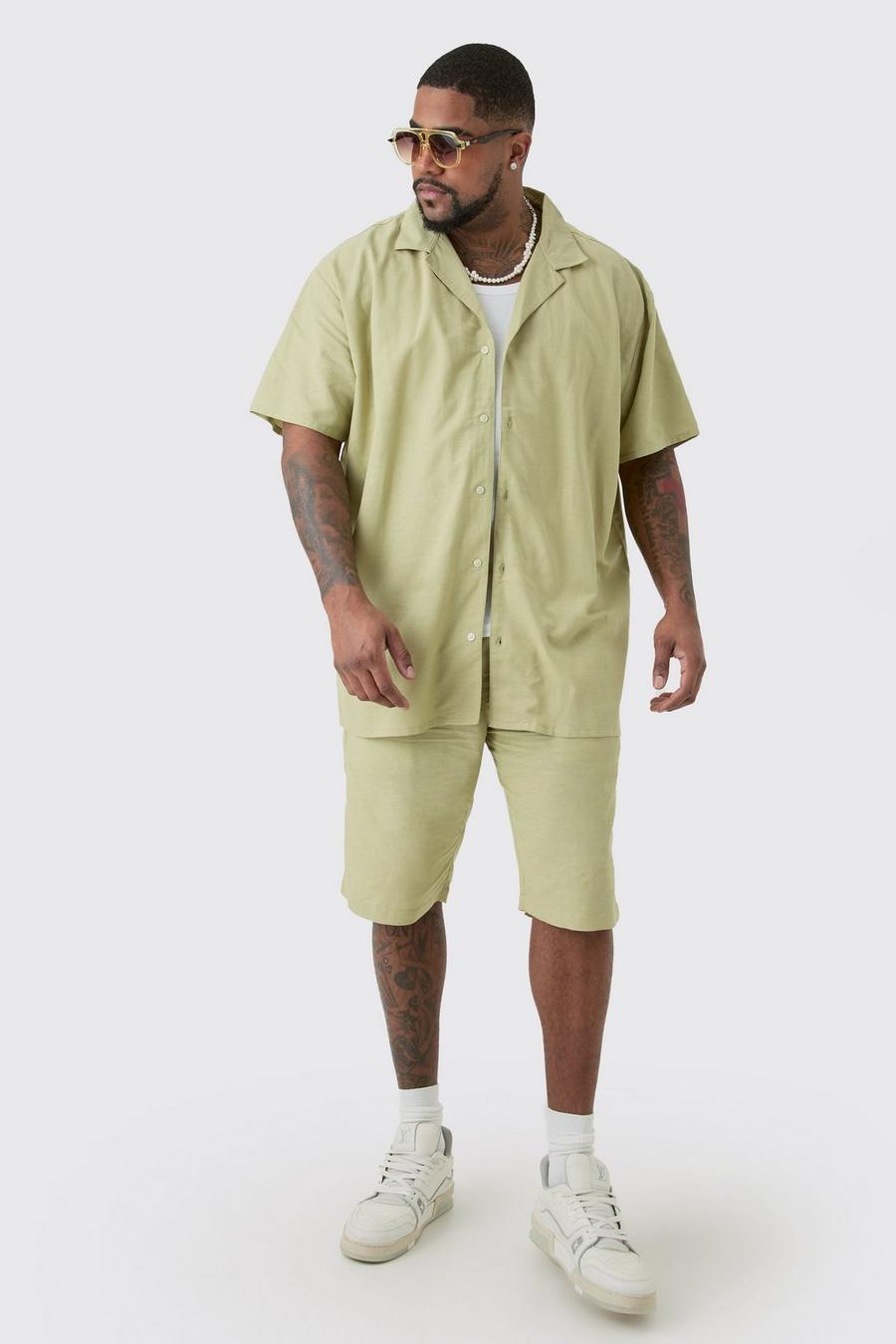 Set Plus Size camicia oversize in lino con rever scesi & pantaloncini color salvia, Sage image number 1