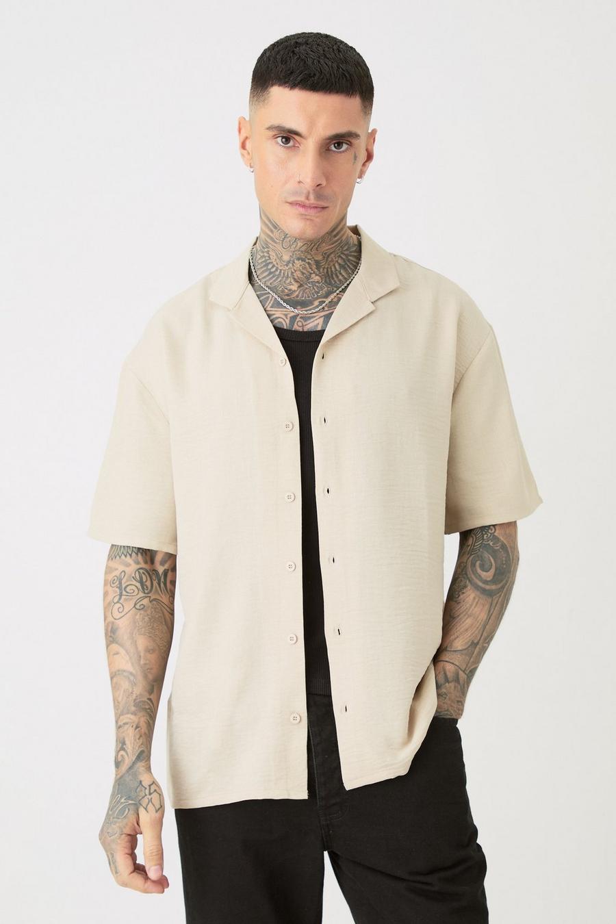 Natural Tall Kortärmad skjorta i linnetyg med bowlingkrage image number 1