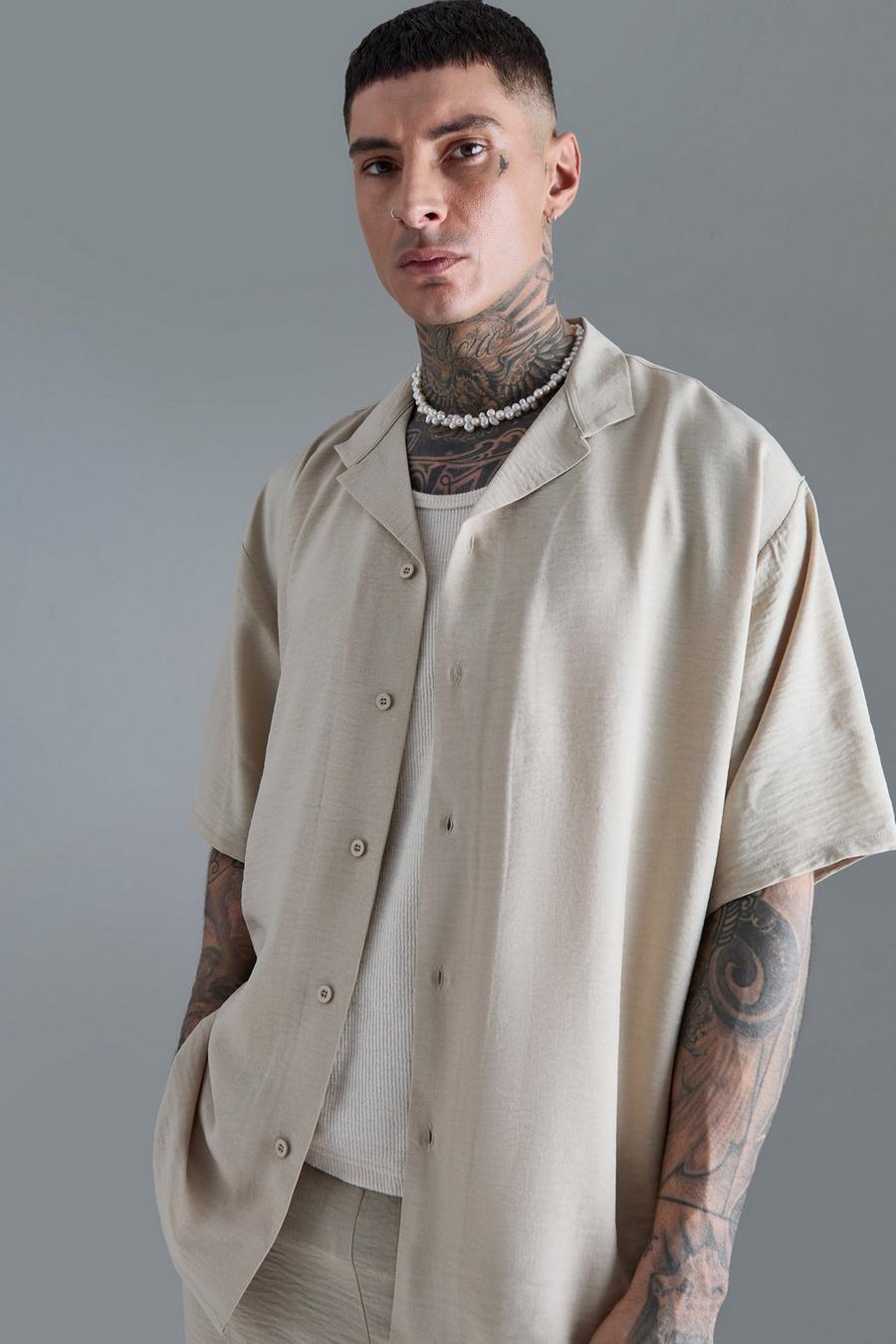 Camicia Tall oversize a maniche corte in lino color naturale, Natural image number 1