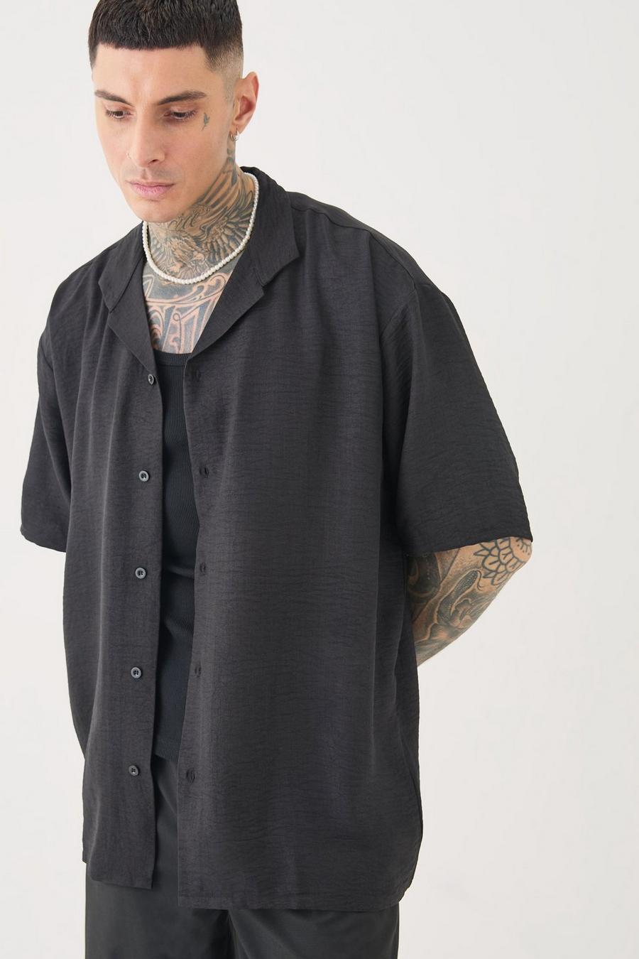 Tall Short Sleeve Oversized Linen Shirt In Black image number 1