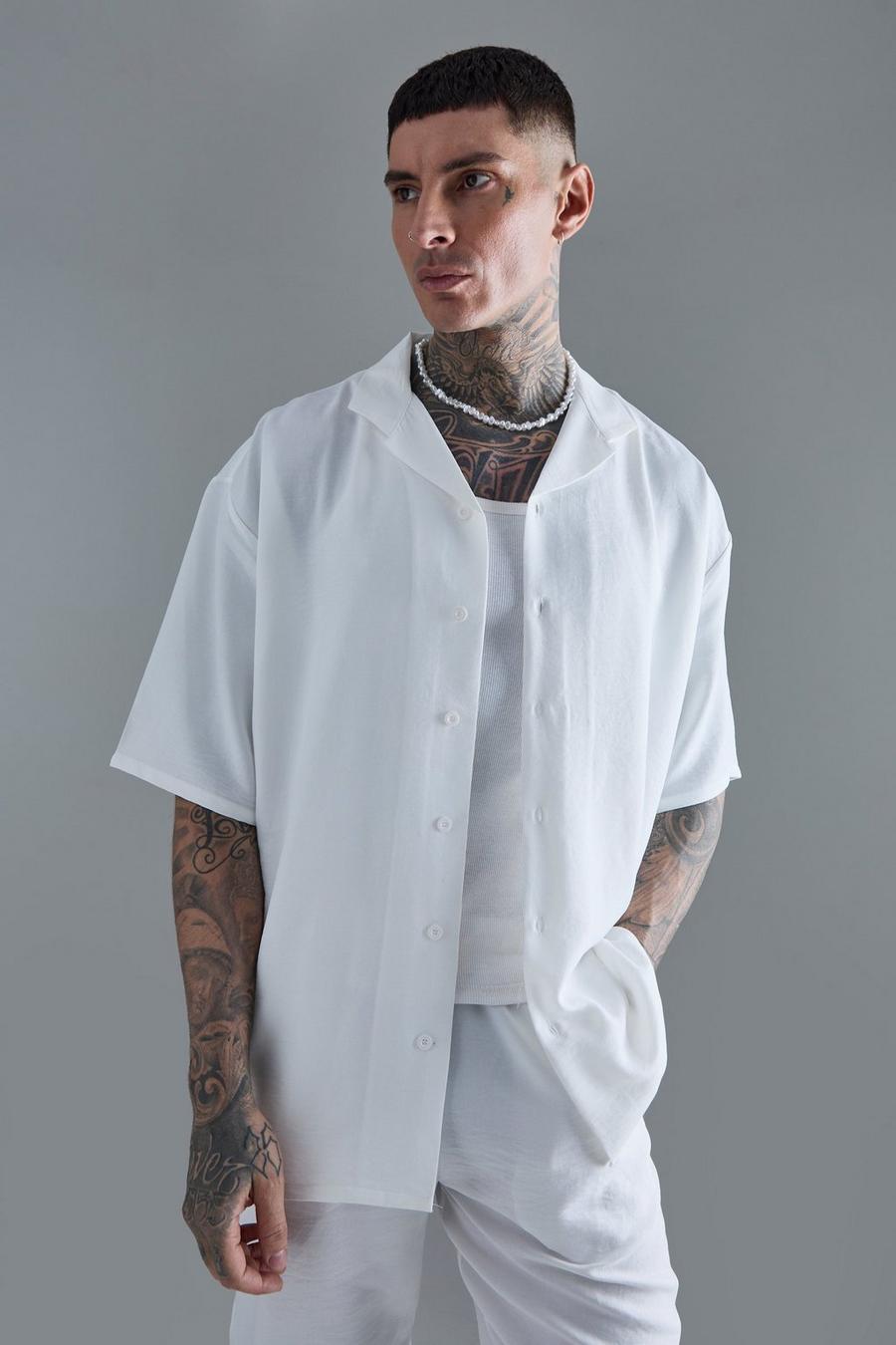 Tall Short Sleeve Drop Revere Linen Shirt In White image number 1