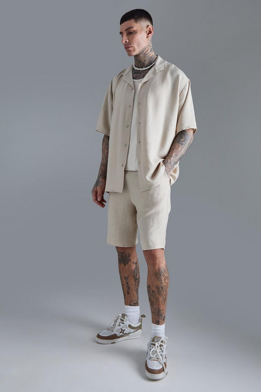 Conjunto Tall de pantalón corto y camisa oversize de lino en color natural