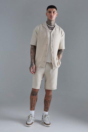 Tall Linnen Drop Overhemd Met Revers Kraag En Shorts Set In Naturel natural