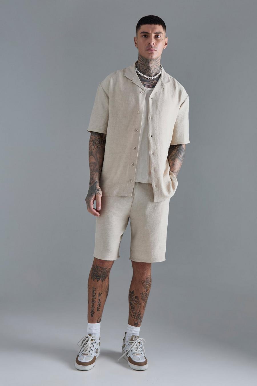 Tall Drop Revere Linen Escape Shirt & Short Set In Natural image number 1